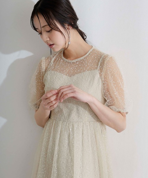 PourVous(プールヴー)の「ミモレ丈&袖あり フォーマル シアー Aライン 透け感 フレア セレモニー 結婚式二次会 パーティードレス オケージョンドレス お呼ばれ 同窓会成人式(ドレス・レディース・ライトブルー/ベージュ/ネイビー・M/S)」の8枚目の写真