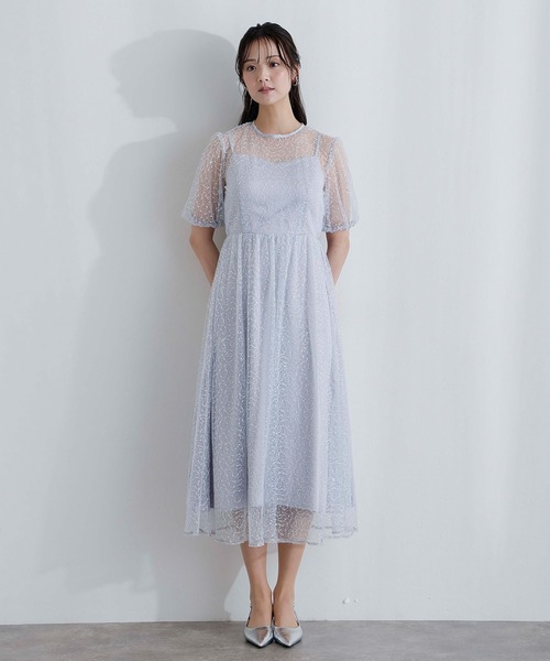PourVous(プールヴー)の「ミモレ丈&袖あり フォーマル シアー Aライン 透け感 フレア セレモニー 結婚式二次会 パーティードレス オケージョンドレス お呼ばれ 同窓会成人式(ドレス・レディース・ライトブルー/ベージュ/ネイビー・M/S)」の9枚目の写真