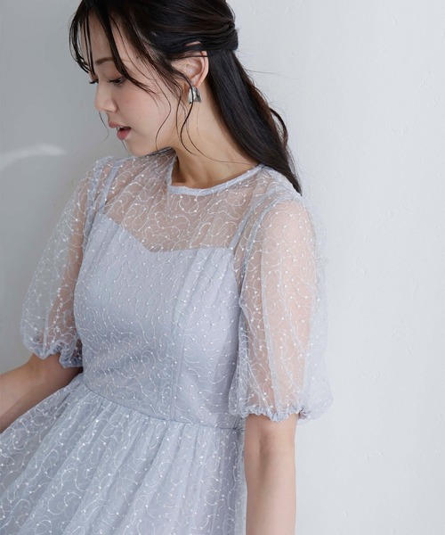 PourVous(プールヴー)の「ミモレ丈&袖あり フォーマル シアー Aライン 透け感 フレア セレモニー 結婚式二次会 パーティードレス オケージョンドレス お呼ばれ 同窓会成人式(ドレス・レディース・ライトブルー/ベージュ/ネイビー・M/S)」の10枚目の写真