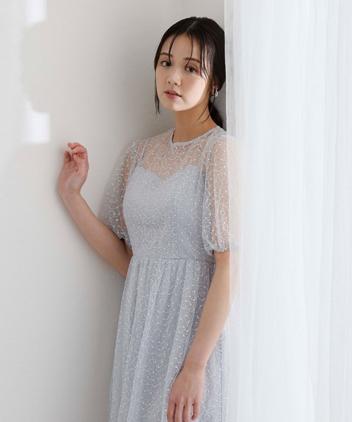 PourVous(プールヴー)の「ミモレ丈&袖あり フォーマル シアー Aライン 透け感 フレア セレモニー 結婚式二次会 パーティードレス オケージョンドレス お呼ばれ 同窓会成人式(ドレス・レディース・ライトブルー/ベージュ/ネイビー・M/S)」の11枚目の写真