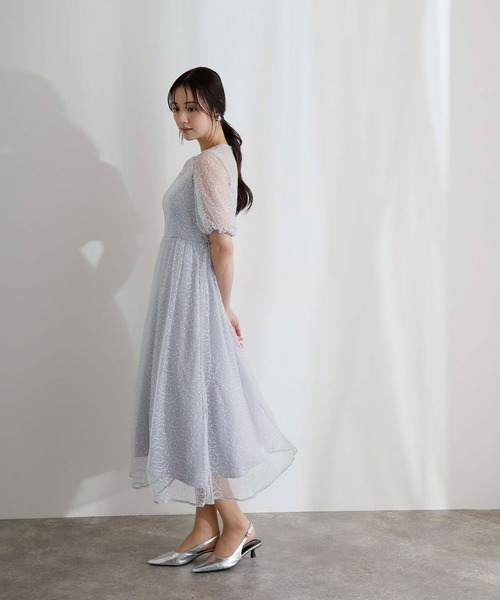 PourVous(プールヴー)の「ミモレ丈&袖あり フォーマル シアー Aライン 透け感 フレア セレモニー 結婚式二次会 パーティードレス オケージョンドレス お呼ばれ 同窓会成人式(ドレス・レディース・ライトブルー/ベージュ/ネイビー・M/S)」の12枚目の写真