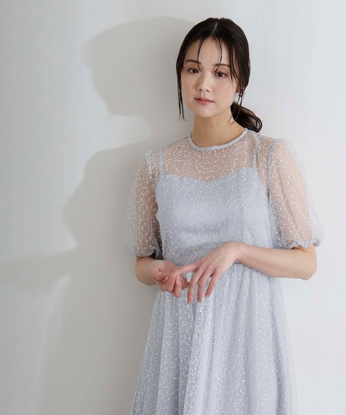 PourVous(プールヴー)の「ミモレ丈&袖あり フォーマル シアー Aライン 透け感 フレア セレモニー 結婚式二次会 パーティードレス オケージョンドレス お呼ばれ 同窓会成人式(ドレス・レディース・ライトブルー/ベージュ/ネイビー・M/S)」の13枚目の写真