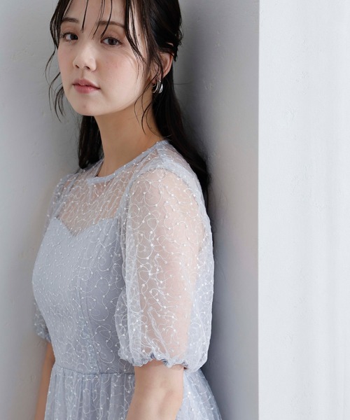 PourVous(プールヴー)の「ミモレ丈&袖あり フォーマル シアー Aライン 透け感 フレア セレモニー 結婚式二次会 パーティードレス オケージョンドレス お呼ばれ 同窓会成人式(ドレス・レディース・ライトブルー/ベージュ/ネイビー・M/S)」の14枚目の写真