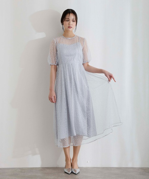 PourVous(プールヴー)の「ミモレ丈&袖あり フォーマル シアー Aライン 透け感 フレア セレモニー 結婚式二次会 パーティードレス オケージョンドレス お呼ばれ 同窓会成人式(ドレス・レディース・ライトブルー/ベージュ/ネイビー・M/S)」の15枚目の写真