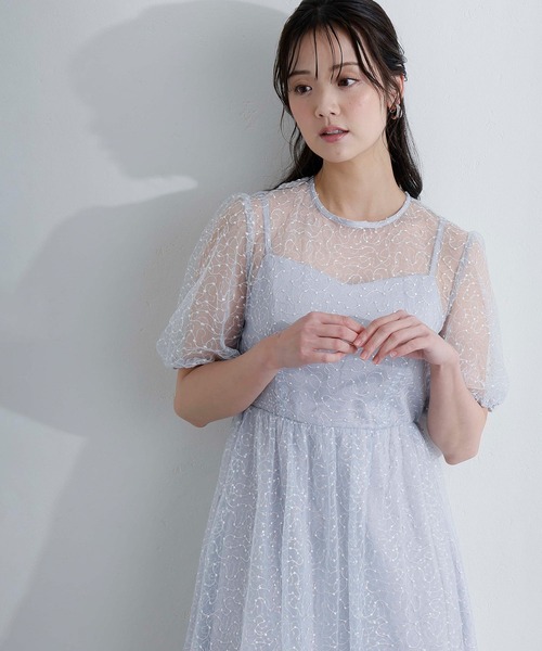 PourVous(プールヴー)の「ミモレ丈&袖あり フォーマル シアー Aライン 透け感 フレア セレモニー 結婚式二次会 パーティードレス オケージョンドレス お呼ばれ 同窓会成人式(ドレス・レディース・ライトブルー/ベージュ/ネイビー・M/S)」の16枚目の写真