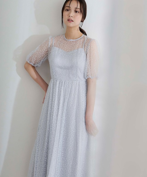 PourVous(プールヴー)の「ミモレ丈&袖あり フォーマル シアー Aライン 透け感 フレア セレモニー 結婚式二次会 パーティードレス オケージョンドレス お呼ばれ 同窓会成人式(ドレス・レディース・ライトブルー/ベージュ/ネイビー・M/S)」の17枚目の写真