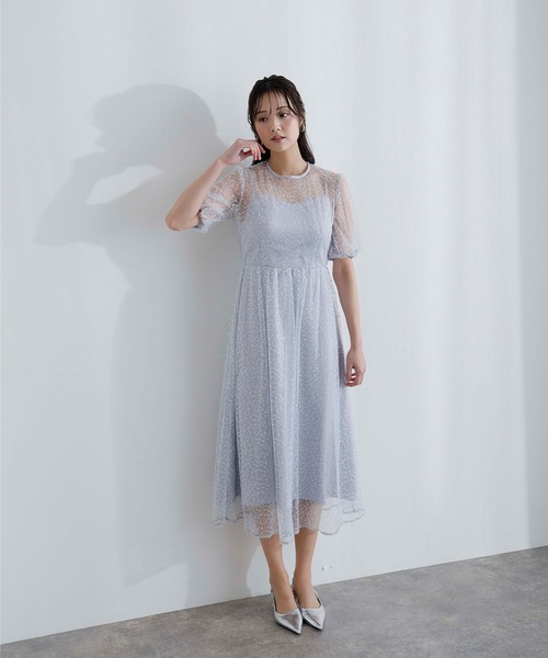 PourVous(プールヴー)の「ミモレ丈&袖あり フォーマル シアー Aライン 透け感 フレア セレモニー 結婚式二次会 パーティードレス オケージョンドレス お呼ばれ 同窓会成人式(ドレス・レディース・ライトブルー/ベージュ/ネイビー・M/S)」の18枚目の写真