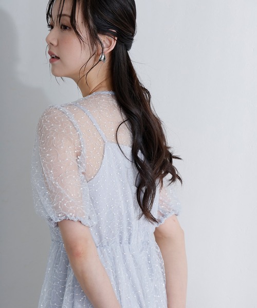 PourVous(プールヴー)の「ミモレ丈&袖あり フォーマル シアー Aライン 透け感 フレア セレモニー 結婚式二次会 パーティードレス オケージョンドレス お呼ばれ 同窓会成人式(ドレス・レディース・ライトブルー/ベージュ/ネイビー・M/S)」の19枚目の写真