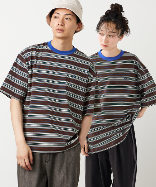 Purple&Yellow(パープルアンドイエロー)の「マルチボーダー Tシャツ(Tシャツ/カットソー・メンズ・オートミール/ブラウン/サックスブルー・MEDIUM/SMALL/LARGE)」の2枚目の写真