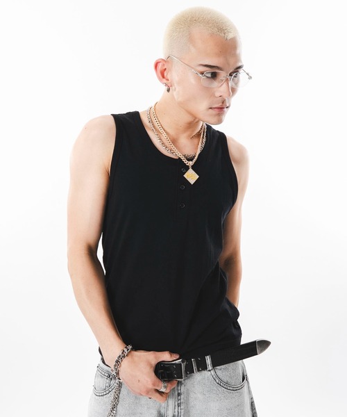 SHORT ROUND(ショートラウンド)の「SHORT ROUND/ヘンリーネックタンクトップ(タンクトップ・メンズ・ホワイト/ブラック・MEDIUM/LARGE)」の10枚目の写真