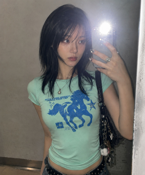 DAMISH(ダミシュ)の「ホースグラフィックパステルトーンスリムTシャツ_ミント(Tシャツ/カットソー・レディース・ミント・OS)」の7枚目の写真