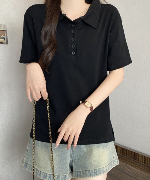 2ly2(トゥーリートゥー)の「シンプル襟付きボタンデザイン半袖Tシャツ レディース(Tシャツ/カットソー・レディース・ブラック/グレー・FREE)」の1枚目の写真
