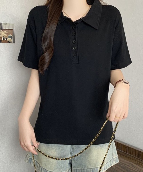 2ly2(トゥーリートゥー)の「シンプル襟付きボタンデザイン半袖Tシャツ レディース(Tシャツ/カットソー・レディース・ブラック/グレー・FREE)」の3枚目の写真