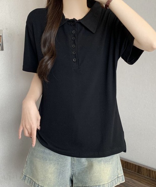 2ly2(トゥーリートゥー)の「シンプル襟付きボタンデザイン半袖Tシャツ レディース(Tシャツ/カットソー・レディース・ブラック/グレー・FREE)」の4枚目の写真