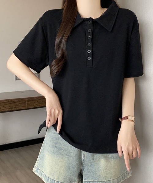 2ly2(トゥーリートゥー)の「シンプル襟付きボタンデザイン半袖Tシャツ レディース(Tシャツ/カットソー・レディース・ブラック/グレー・FREE)」の6枚目の写真