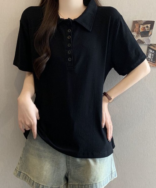 2ly2(トゥーリートゥー)の「シンプル襟付きボタンデザイン半袖Tシャツ レディース(Tシャツ/カットソー・レディース・ブラック/グレー・FREE)」の9枚目の写真