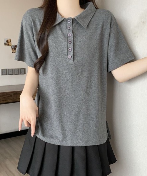 2ly2(トゥーリートゥー)の「シンプル襟付きボタンデザイン半袖Tシャツ レディース(Tシャツ/カットソー・レディース・ブラック/グレー・FREE)」の11枚目の写真