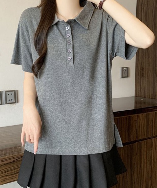 2ly2(トゥーリートゥー)の「シンプル襟付きボタンデザイン半袖Tシャツ レディース(Tシャツ/カットソー・レディース・ブラック/グレー・FREE)」の12枚目の写真