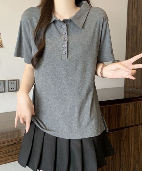 2ly2(トゥーリートゥー)の「シンプル襟付きボタンデザイン半袖Tシャツ レディース(Tシャツ/カットソー・レディース・ブラック/グレー・FREE)」の14枚目の写真
