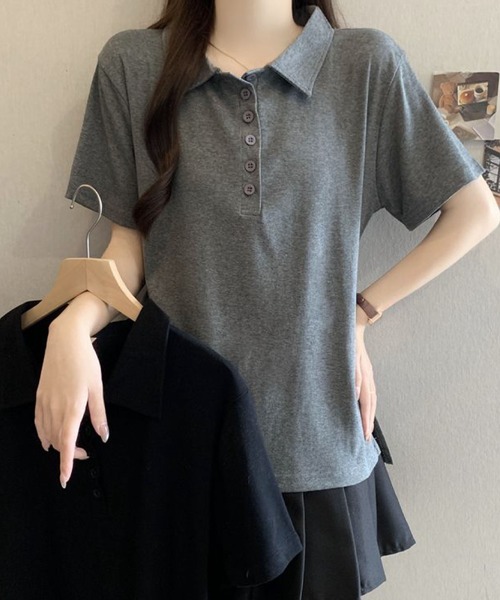 2ly2(トゥーリートゥー)の「シンプル襟付きボタンデザイン半袖Tシャツ レディース(Tシャツ/カットソー・レディース・ブラック/グレー・FREE)」の18枚目の写真