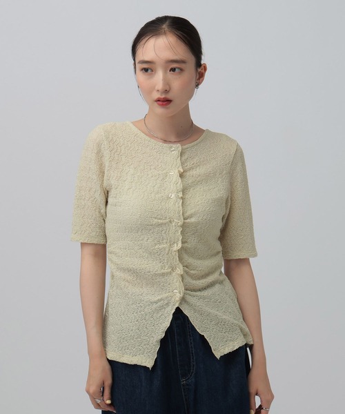 LEPSIM(レプシィム)の「タックフリルカーデプルオーバー 898357(Tシャツ/カットソー・レディース・オフホワイト/イエロー系その他/ブラック・FREE)」の1枚目の写真