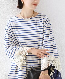 〈手洗い可能〉ボーダー 袖 レース ワイド プルオーバー