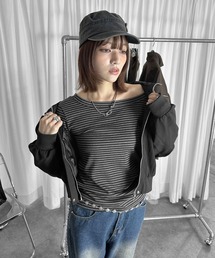 【一枚でもレイヤードでも!】ボーダールーズネックTシャツ/長袖 カットソー ロンT ボーダー 細ボーダー ワンショルダー ルーズネック 海外ガール カジュアル シンプル 2カラー ブラック ブラウン 秋 冬 春
