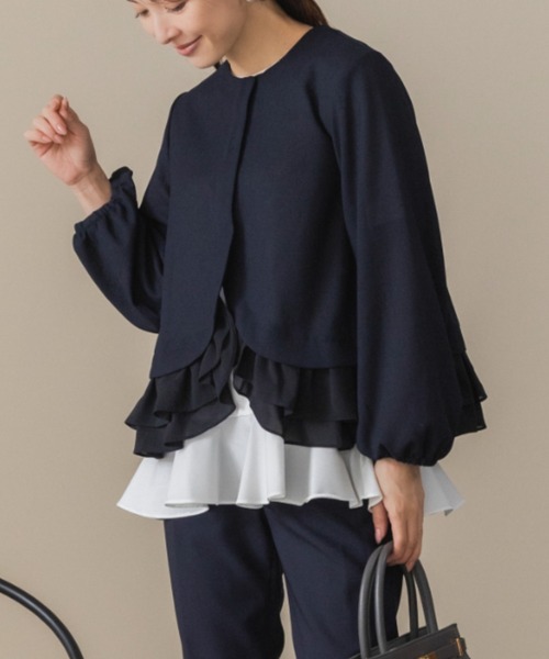 Sono(ソーノ)の「【SONO/ソーノ】【Breeze flow cloth】ラウンドフリルジャケブラウス(ノーカラージャケット・レディース・ホワイト/ネイビー・F)」の8枚目の写真