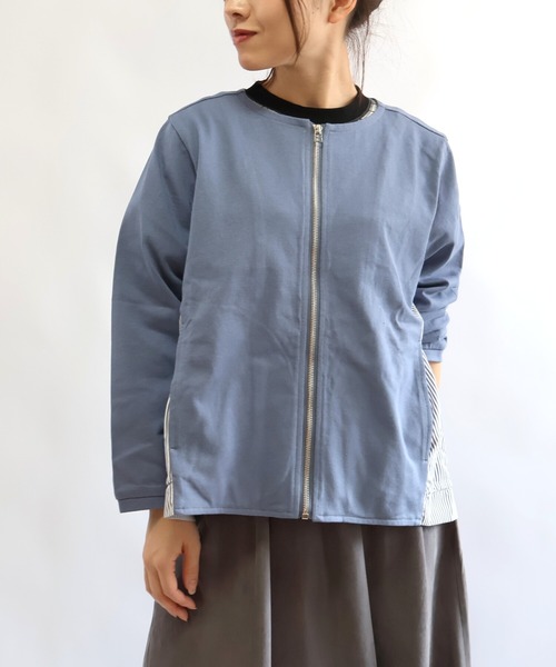 etre relie(エトレリー)の「ヘビーウェイトカット異素材ブルゾン(Tシャツ/カットソー・レディース・ライトグレー/ブルー/オフホワイト・MEDIUM)」の4枚目の写真