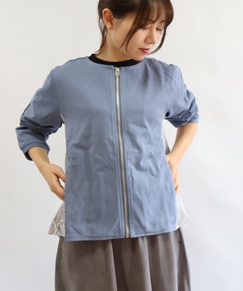 etre relie(エトレリー)の「ヘビーウェイトカット異素材ブルゾン(Tシャツ/カットソー・レディース・ライトグレー/ブルー/オフホワイト・MEDIUM)」の7枚目の写真
