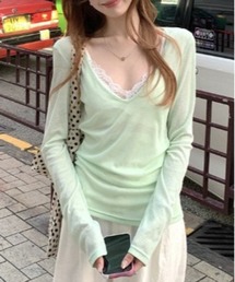 Vini（ヴィニ）の「レースVネックロングスリーブTシャツ（Tシャツ/カットソー）」