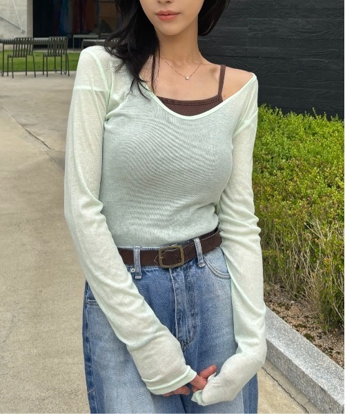 Vini(ヴィニ)の「レースVネックロングスリーブTシャツ(Tシャツ/カットソー・レディース・ミント・MEDIUM)」の1枚目の写真