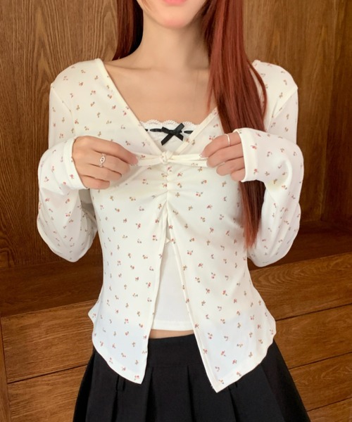 Achic(アシック)の「小花柄リボンレイヤード風トップス(Tシャツ/カットソー・レディース・グレー/アイボリー/ブラウン・M)」の6枚目の写真