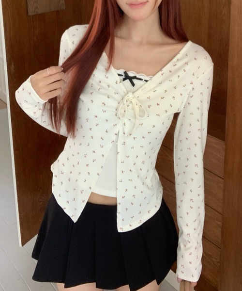 Achic(アシック)の「小花柄リボンレイヤード風トップス(Tシャツ/カットソー・レディース・グレー/アイボリー/ブラウン・M)」の13枚目の写真