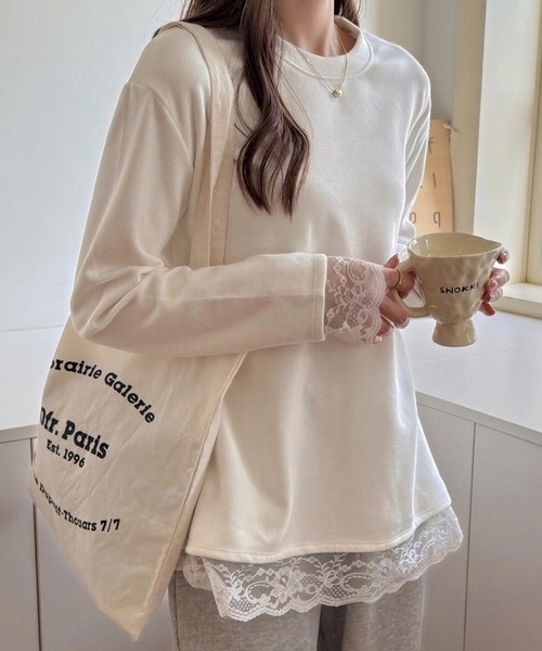 yuue' ( wear )(ユーイ)の「オーバーサイズレース付きロングTシャツ(Tシャツ/カットソー・レディース・ブラック/ホワイト・FREE)」の1枚目の写真