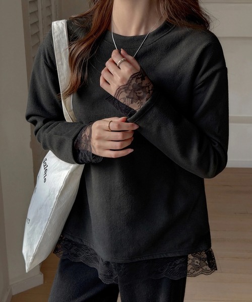 yuue' ( wear )(ユーイ)の「オーバーサイズレース付きロングTシャツ(Tシャツ/カットソー・レディース・ブラック/ホワイト・FREE)」の2枚目の写真