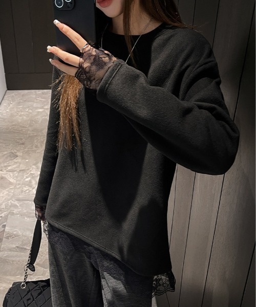 yuue' ( wear )(ユーイ)の「オーバーサイズレース付きロングTシャツ(Tシャツ/カットソー・レディース・ブラック/ホワイト・FREE)」の19枚目の写真