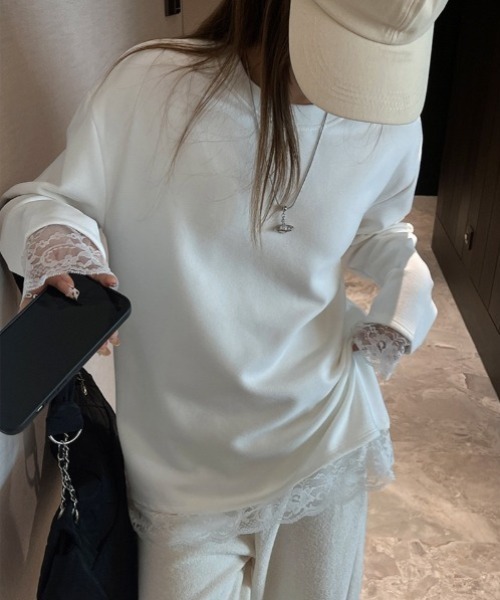 yuue' ( wear )(ユーイ)の「オーバーサイズレース付きロングTシャツ(Tシャツ/カットソー・レディース・ブラック/ホワイト・FREE)」の5枚目の写真