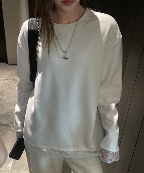 yuue' ( wear )(ユーイ)の「オーバーサイズレース付きロングTシャツ(Tシャツ/カットソー・レディース・ブラック/ホワイト・FREE)」の3枚目の写真