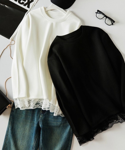 yuue' ( wear )(ユーイ)の「オーバーサイズレース付きロングTシャツ(Tシャツ/カットソー・レディース・ブラック/ホワイト・FREE)」の11枚目の写真