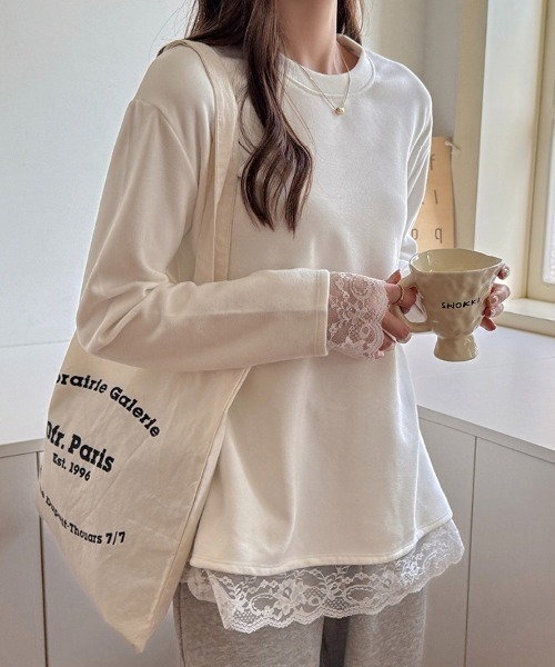 yuue' ( wear )(ユーイ)の「オーバーサイズレース付きロングTシャツ(Tシャツ/カットソー・レディース・ブラック/ホワイト・FREE)」の7枚目の写真