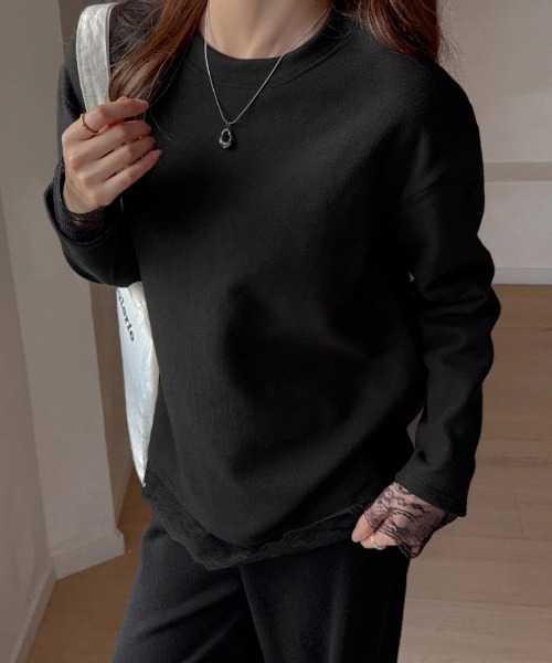 yuue' ( wear )(ユーイ)の「オーバーサイズレース付きロングTシャツ(Tシャツ/カットソー・レディース・ブラック/ホワイト・FREE)」の15枚目の写真