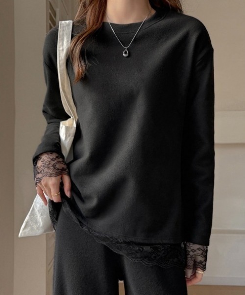 yuue' ( wear )(ユーイ)の「オーバーサイズレース付きロングTシャツ(Tシャツ/カットソー・レディース・ブラック/ホワイト・FREE)」の12枚目の写真