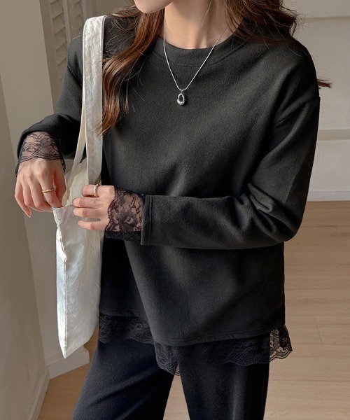 yuue' ( wear )(ユーイ)の「オーバーサイズレース付きロングTシャツ(Tシャツ/カットソー・レディース・ブラック/ホワイト・FREE)」の14枚目の写真