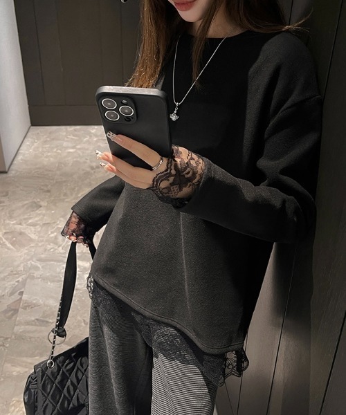 yuue' ( wear )(ユーイ)の「オーバーサイズレース付きロングTシャツ(Tシャツ/カットソー・レディース・ブラック/ホワイト・FREE)」の16枚目の写真