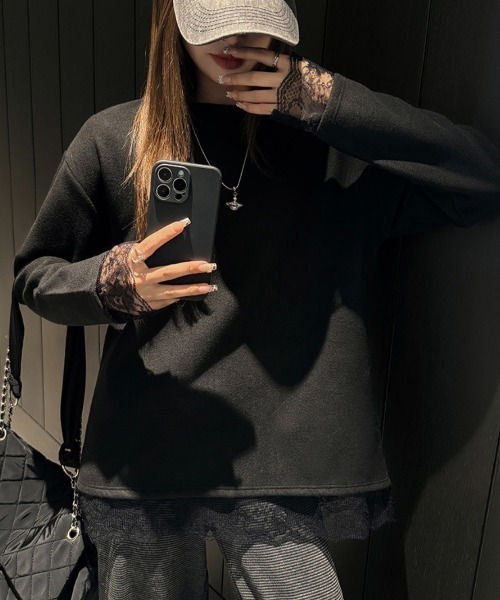 yuue' ( wear )(ユーイ)の「オーバーサイズレース付きロングTシャツ(Tシャツ/カットソー・レディース・ブラック/ホワイト・FREE)」の17枚目の写真