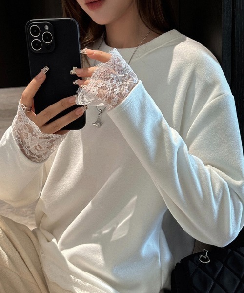 yuue' ( wear )(ユーイ)の「オーバーサイズレース付きロングTシャツ(Tシャツ/カットソー・レディース・ブラック/ホワイト・FREE)」の4枚目の写真