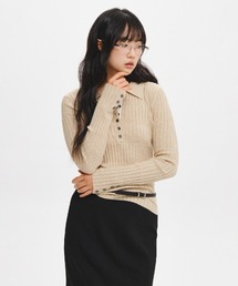 【GENERAL IDEA】ヘリンボーン配色襟付きスリムニット / HERRINGBONE CONTRAST COLLAR SLIM KNIT