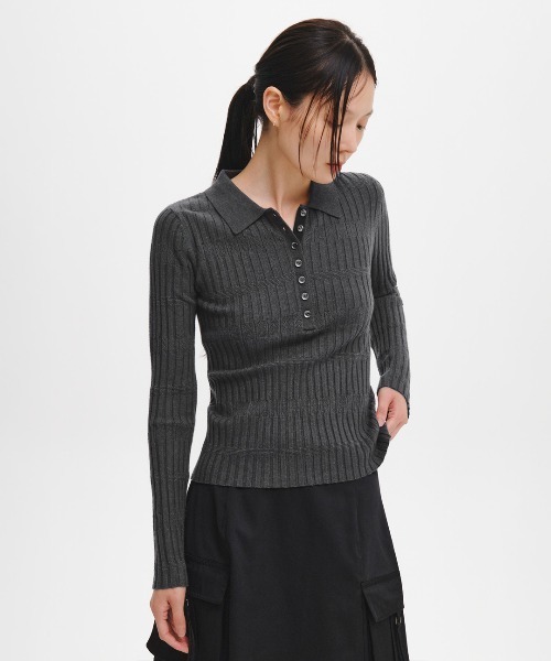 GENERAL IDEA（ジェネラルアイデア）の「【GENERAL IDEA】ヘリンボーン配色襟付きスリムニット / HERRINGBONE CONTRAST COLLAR SLIM KNIT（ニット/セーター・レディース・オートミール/チャコール/アイボリー・M/S/L）」の2枚目の写真