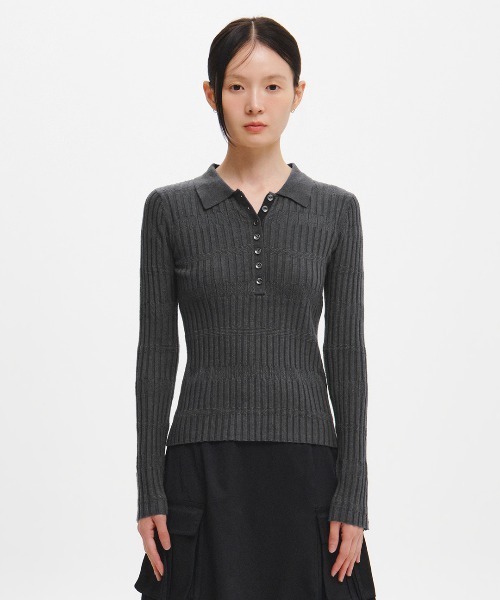 GENERAL IDEA（ジェネラルアイデア）の「【GENERAL IDEA】ヘリンボーン配色襟付きスリムニット / HERRINGBONE CONTRAST COLLAR SLIM KNIT（ニット/セーター・レディース・オートミール/チャコール/アイボリー・M/S/L）」の9枚目の写真
